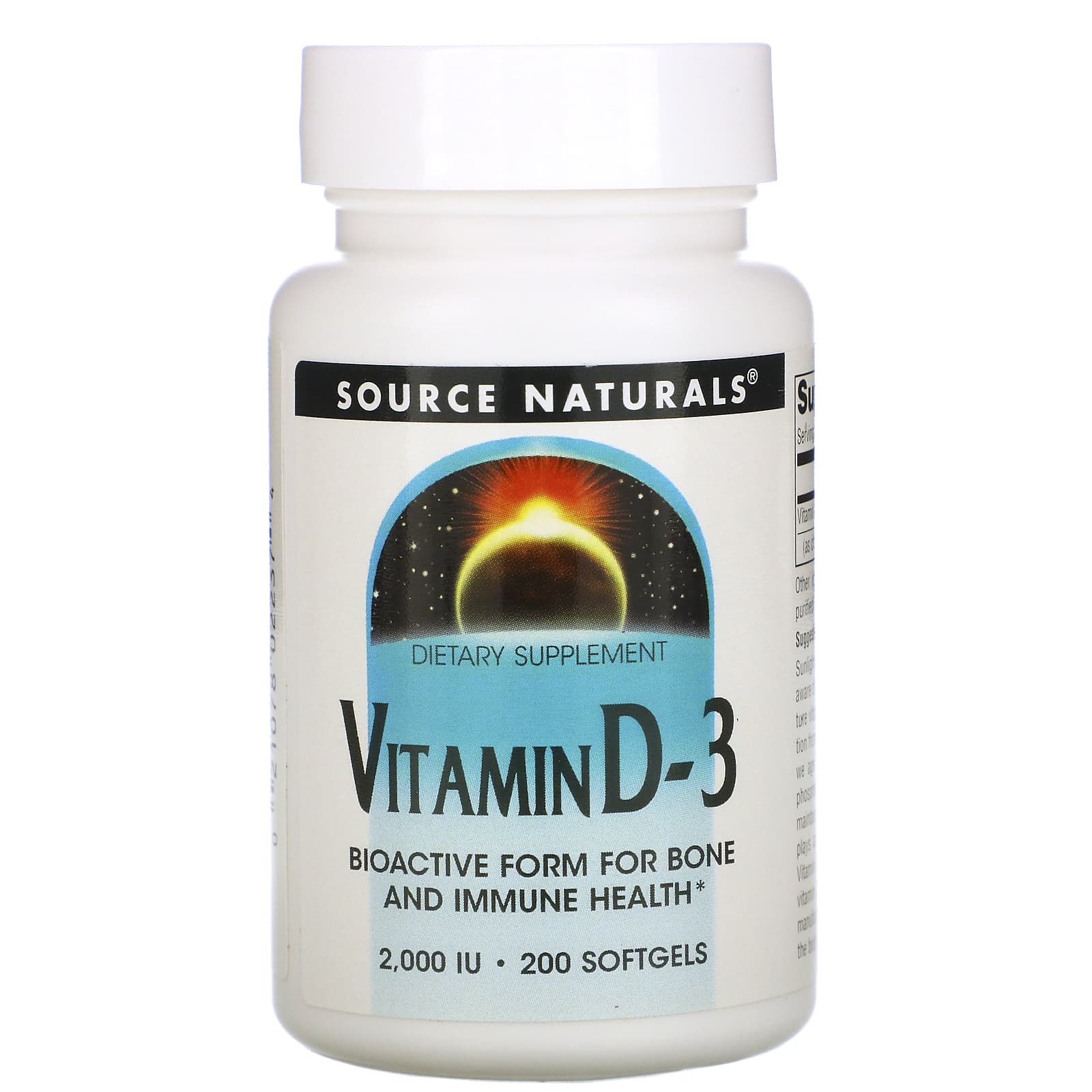 Source Naturals, Vitamin D-3 2000 IU, 200 Softgels UPC 021078022374 | HiLife Vitamins